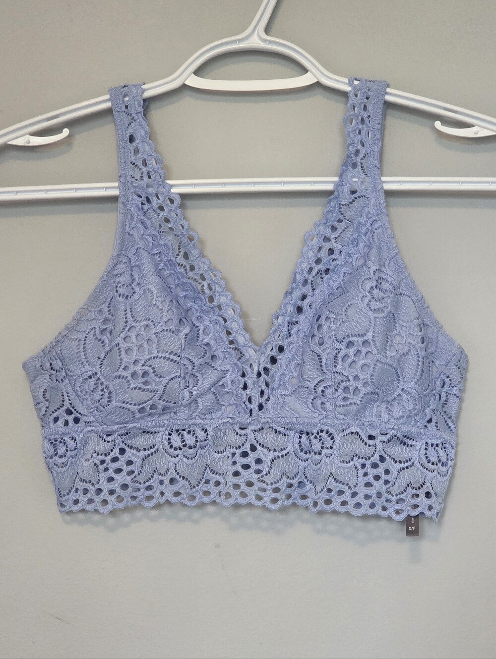 Aerie Baby Blue Crochet Floral Lace Triangle Bralette Sz S V-back Pastel Soft